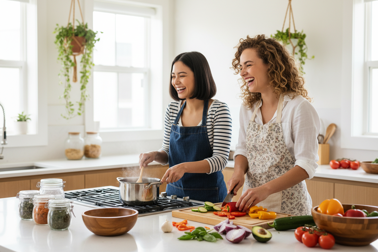 young women cooking and smiling